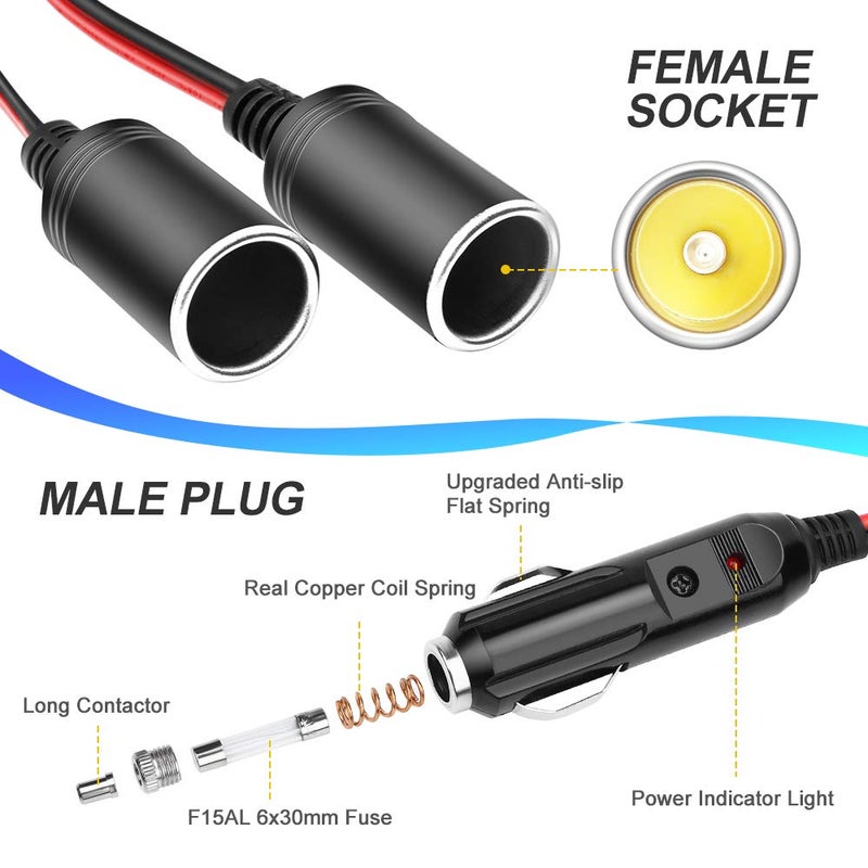 ELECTOP 1 to 2 Car Cigarette Lighter Splitter Adapter Power Charger Port, 6Ft Cigarette Lighter Extension Cord Cable 16AWG UL Wire, 12V 24V Plug Socket 2-Way Splitter Y Adapter with 15A Fuse - Image 2